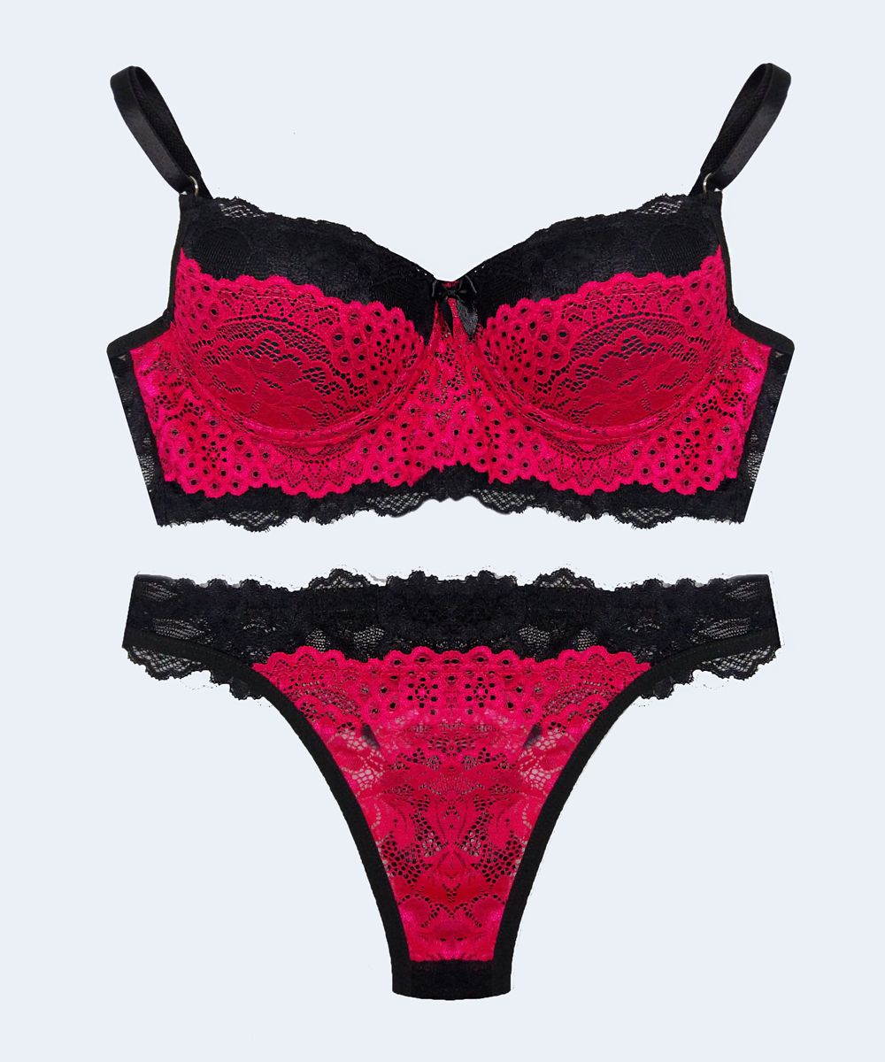 Conjunto de Renda Bicolor Calcinha Fio Dental - FEMME FATALLE