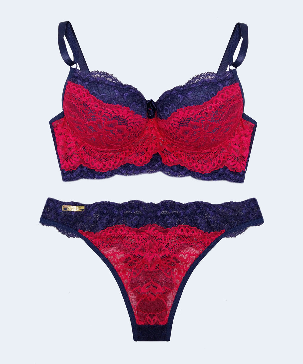 Conjunto de Renda Bicolor Calcinha Fio Dental - FEMME FATALLE