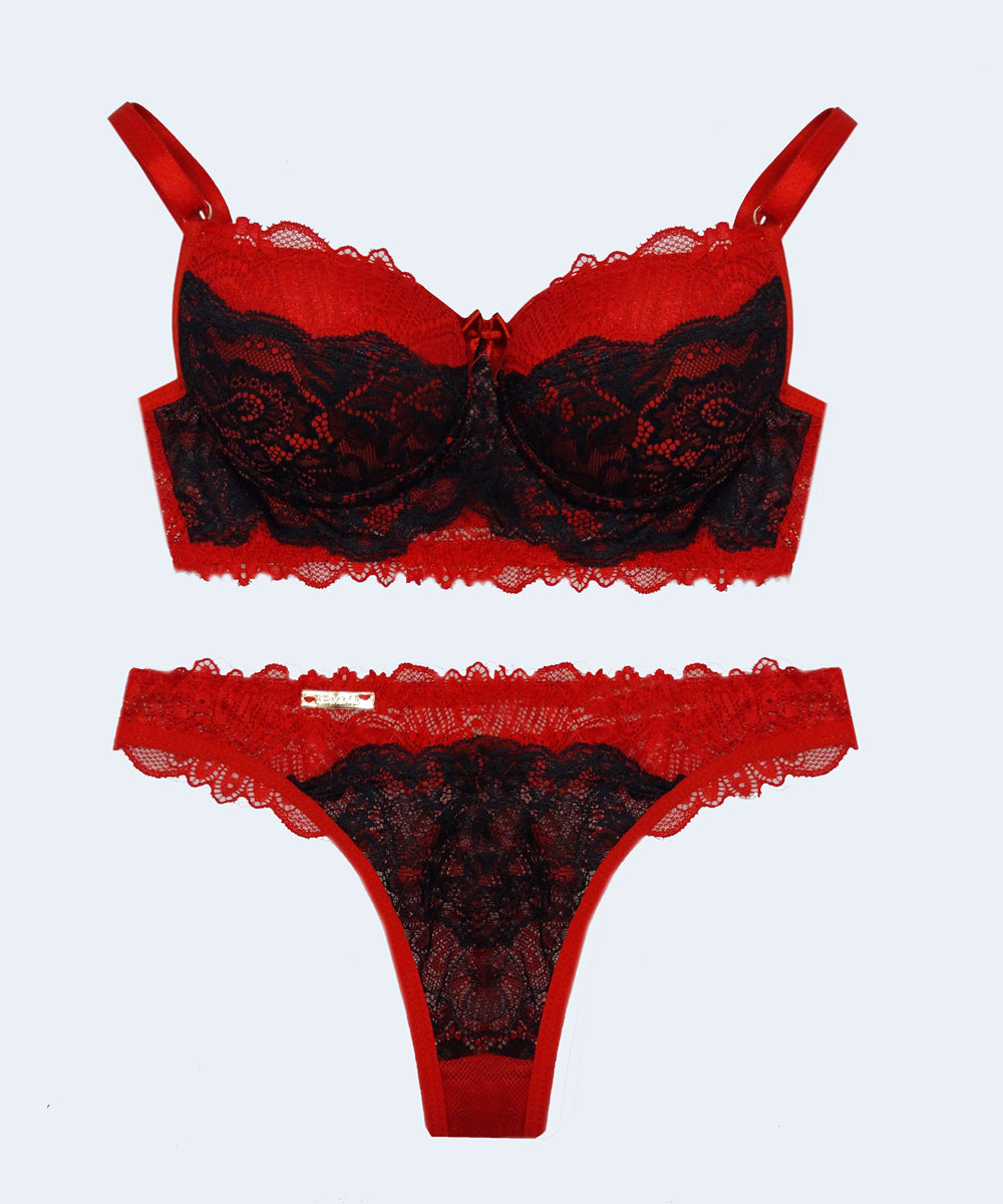 Conjunto de Renda Bicolor Calcinha Fio Dental - FEMME FATALLE
