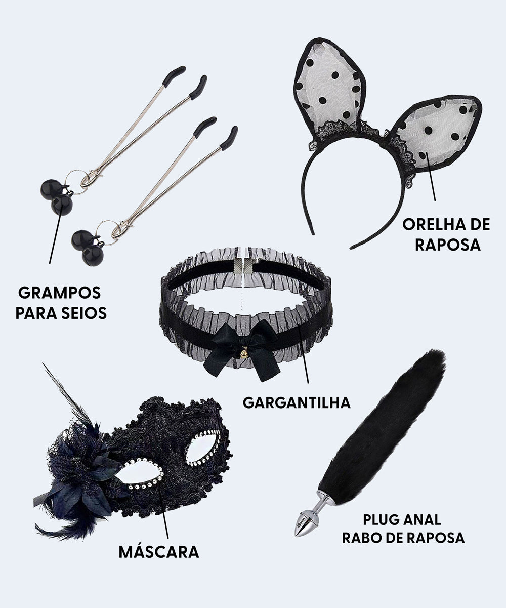 Kit - Rabo de Raposa com Tiara de Orelhas - Grampos para os seios em Metal e Gargantilha com Mascara - SI - SEXY IMPORT
