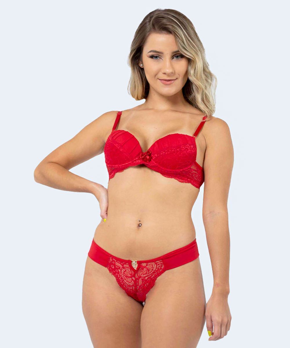 Conjunto de Renda com Microfibra Calcinha Lateral Dupla Fio Dental - FEMME FATALLE