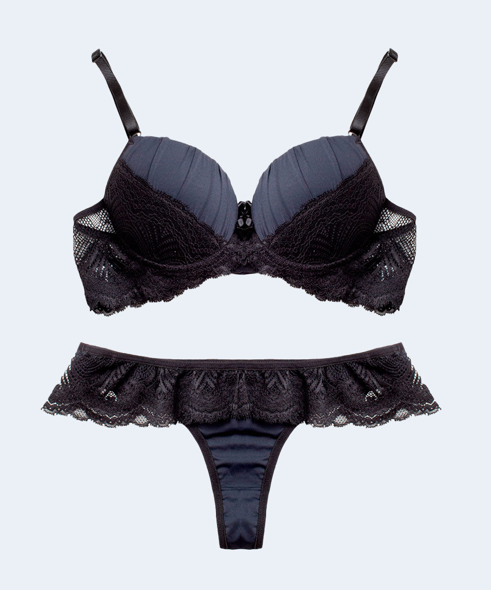 Conjunto de Microfibra com Renda Calcinha Tanga Fio Dental - FEMME FATALLE