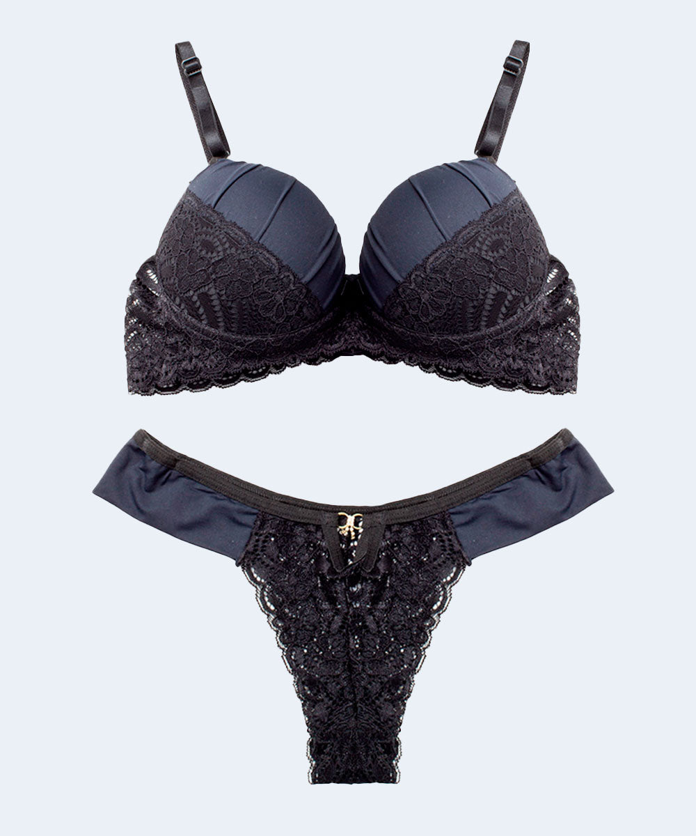 Conjunto de Renda com Microfibra Calcinha Lateral Dupla Fio Dental - FEMME FATALLE