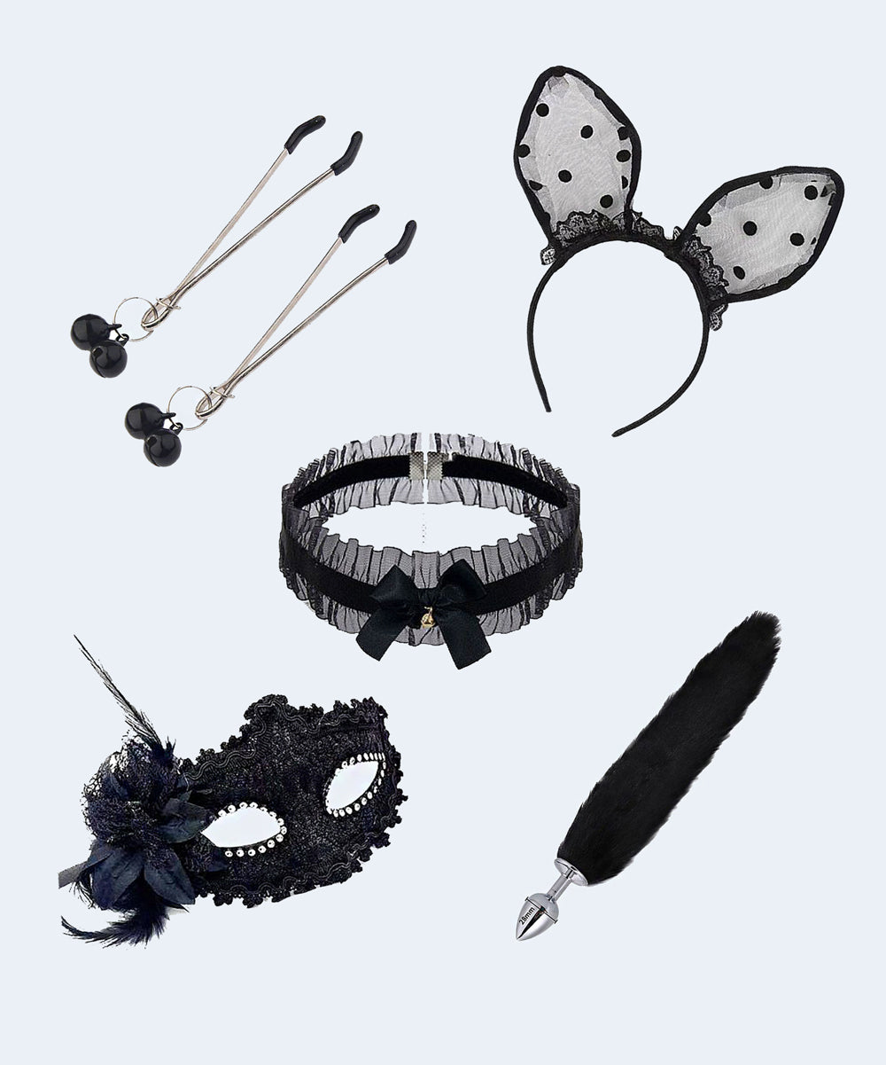 Kit - Rabo de Raposa com Tiara de Orelhas - Grampos para os seios em Metal e Gargantilha com Mascara - SI - SEXY IMPORT