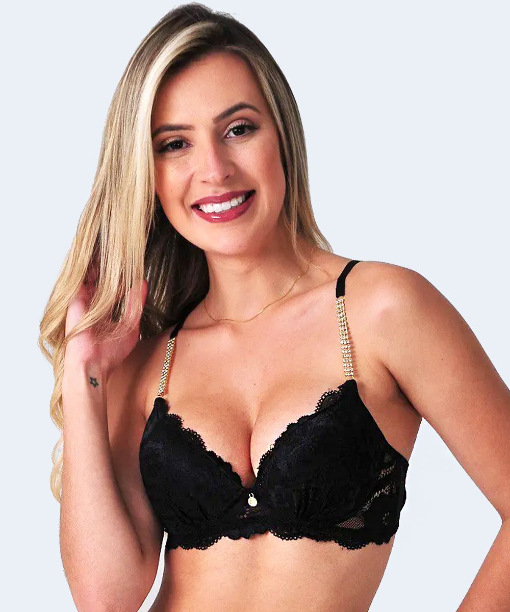 Sutiã de Renda com Bojo e Joia na Alça - JACKIE LINGERIE